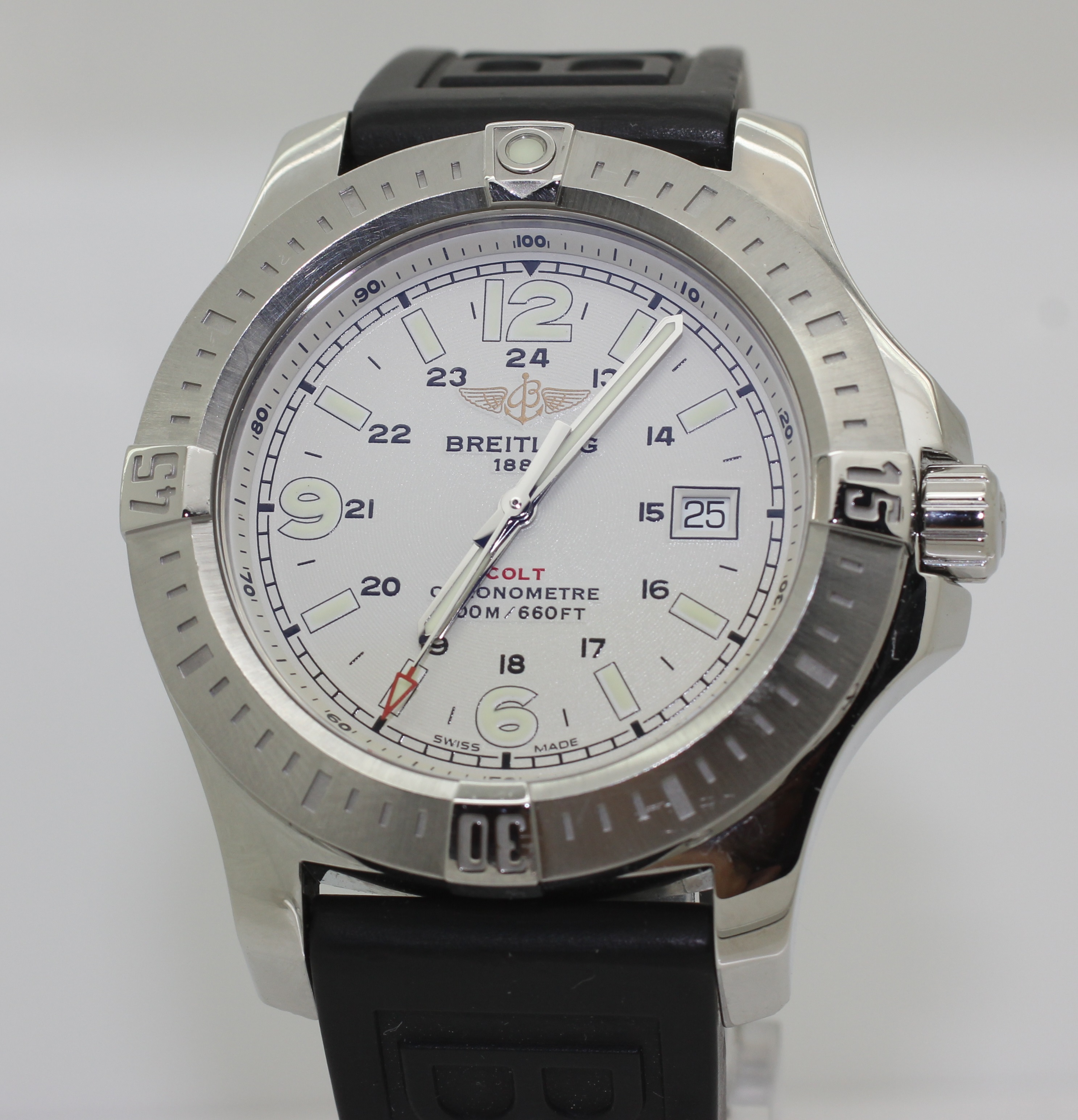 Steel Breitling Colt Quartz 44mm White Dial on Rubber Strap A74388 Box & Papers